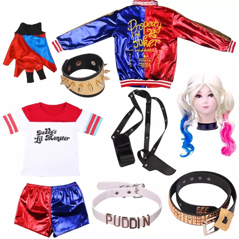 Quinn feminino Halloween Costume, Peruca de menina, Camiseta, Joker Jacket, Acessórios de luva infantil, Adulto, Vestido infantil