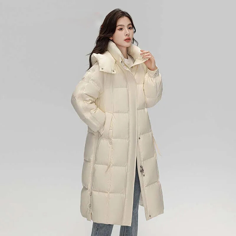 Пуховое Женское зимнее длинное пальто выше колена, новинка 2023, Корейская версия свободного покроя, модное плотное пальто на утином пуху