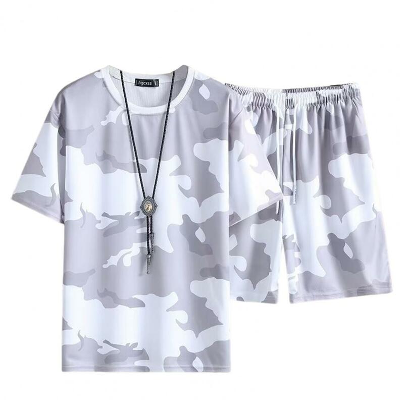 Conjunto de ropa deportiva para hombre, traje de Jogging con bolsillos, estampado de camuflaje, Camiseta con cuello redondo, cordón para activo