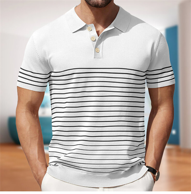 Camisa polo manga curta listrada masculina, tops de negócios, streetwear casual, malhas remendos, moda verão