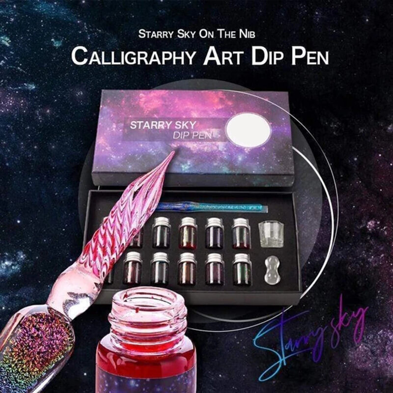 クリスタルガラスペン,スターリースカイユニコーンディップペン,12色インク付き万年筆,ライティング用品,1セット