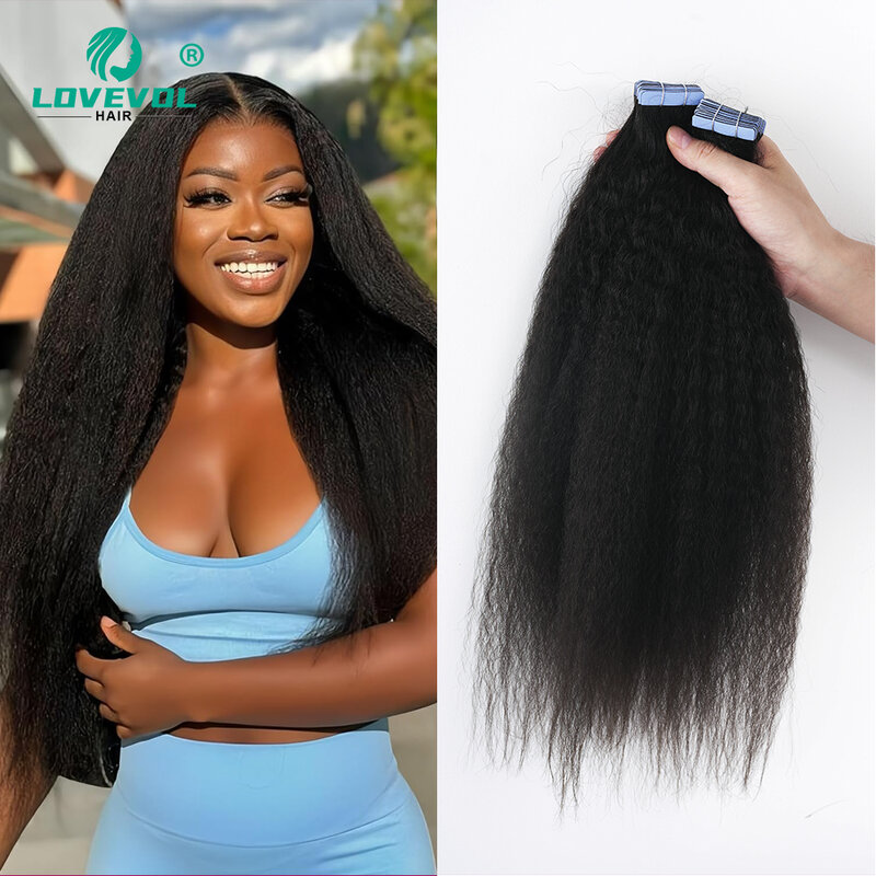 Lovevol-Kinky Straight Hair Extensions for Women, 100% Remy Tape, invisível, preto natural, 14 "a 26", 50g por conjunto, 20 pcs
