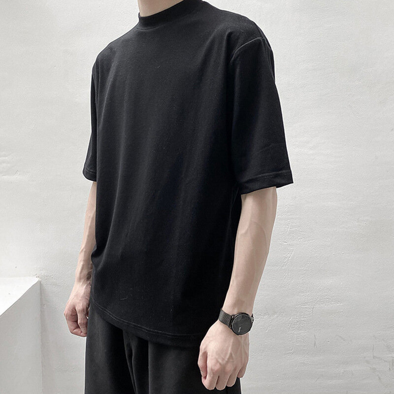 Camiseta de manga corta para hombre, camisa con Cuello medio alto de nicho, diseño a la moda, talla grande, Color sólido, 2024