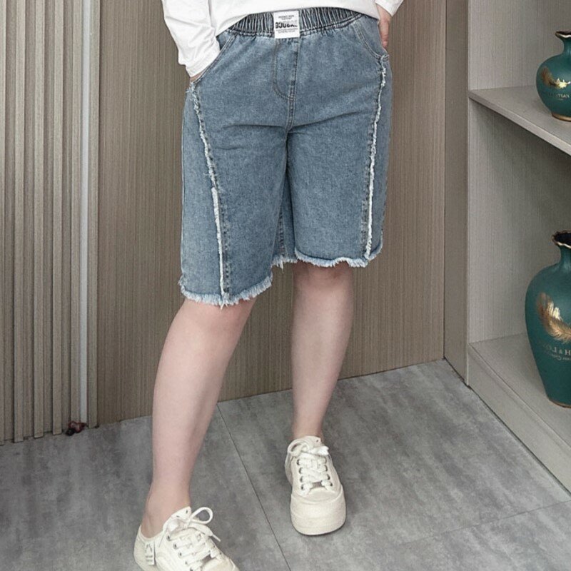 Sommer knielange Jeans Frauen neue plus Größe lose dünne elastische hohe Taille weites Bein Quasten Shorts