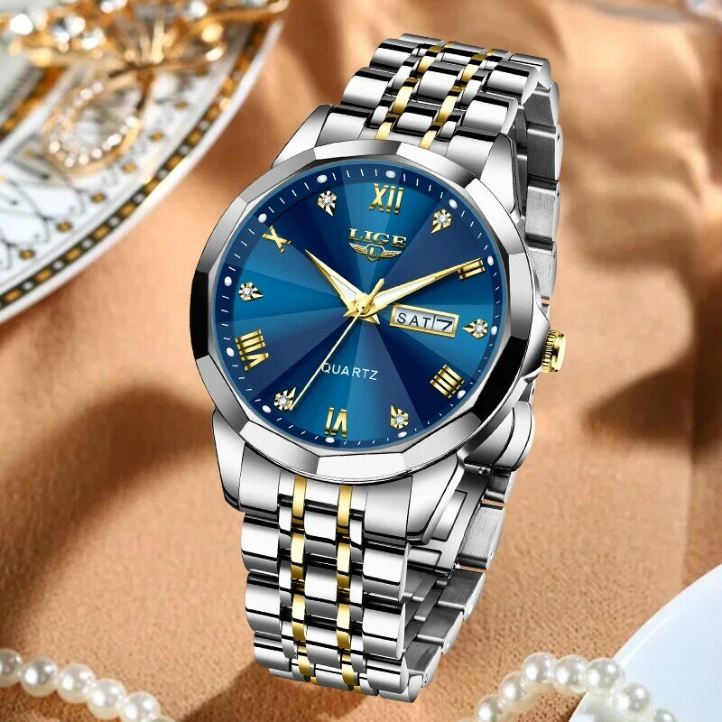 LIGE Luxury Fashion Quartz Woman Watch Elegant Waterproof Date Stainless Women Wristwatch Luminous Week Ladies Clock Reloj Mujer