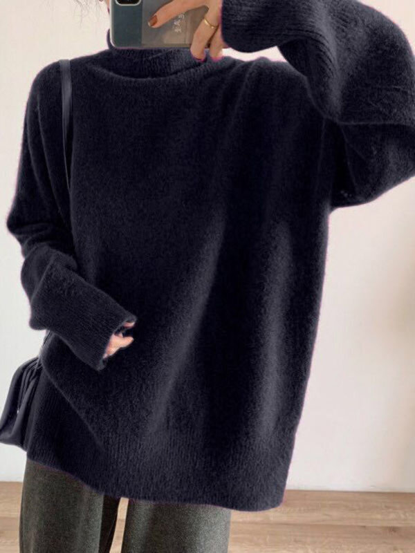 Damski na szyję sweter z solidny kolor sweter w stylu Vintage luźny kombinezon jesienny na szyję sweter damski