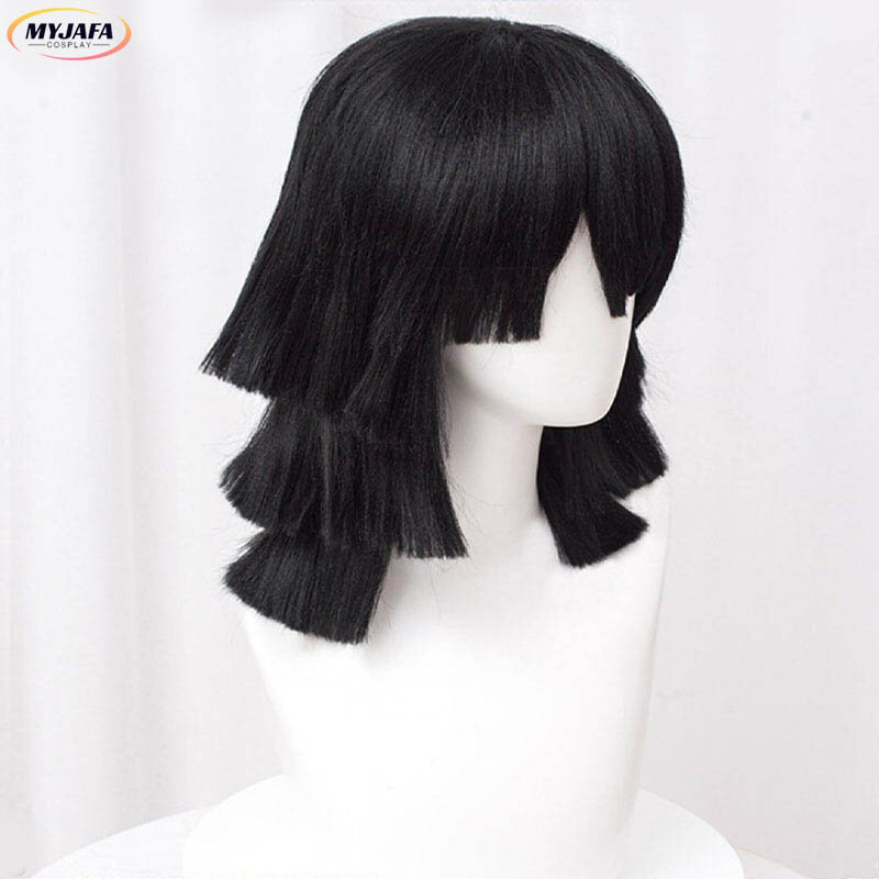 Parrucca Cosplay Iguro Obanai di alta qualità parrucche Anime per capelli resistenti al calore in stile nero corto + cappuccio per parrucca