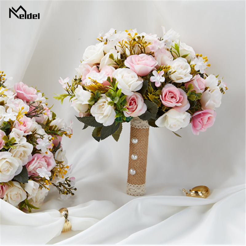 สีชมพูช่อดอกไม้งานแต่งเจ้าสาวเจ้าสาวดอกไม้ผ้าไหมริบบิ้นดอกกุหลาบเทียม Mariage งานแต่งงานช่อดอกไม้อุปกรณ์เสริม