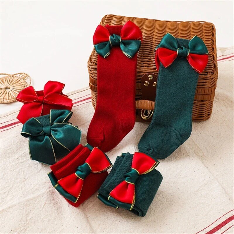 2 ペア クリスマス ソックス ちょう結び装飾付き ソリッド カラー 膝丈 ストッキング