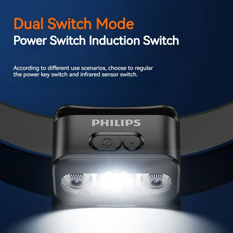 Philips-linterna frontal LED con Sensor, faro recargable tipo C, linterna de pesca para acampar al aire libre, diez tipos de iluminación