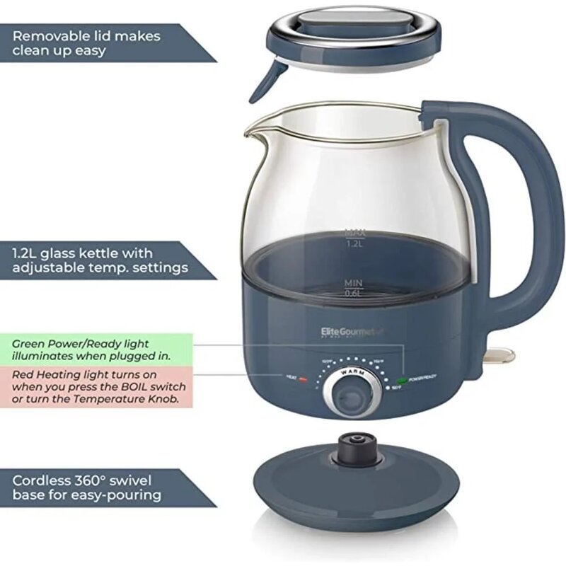 Электрический стеклянный чайник с регулируемой температурой, л, шиферно-синий