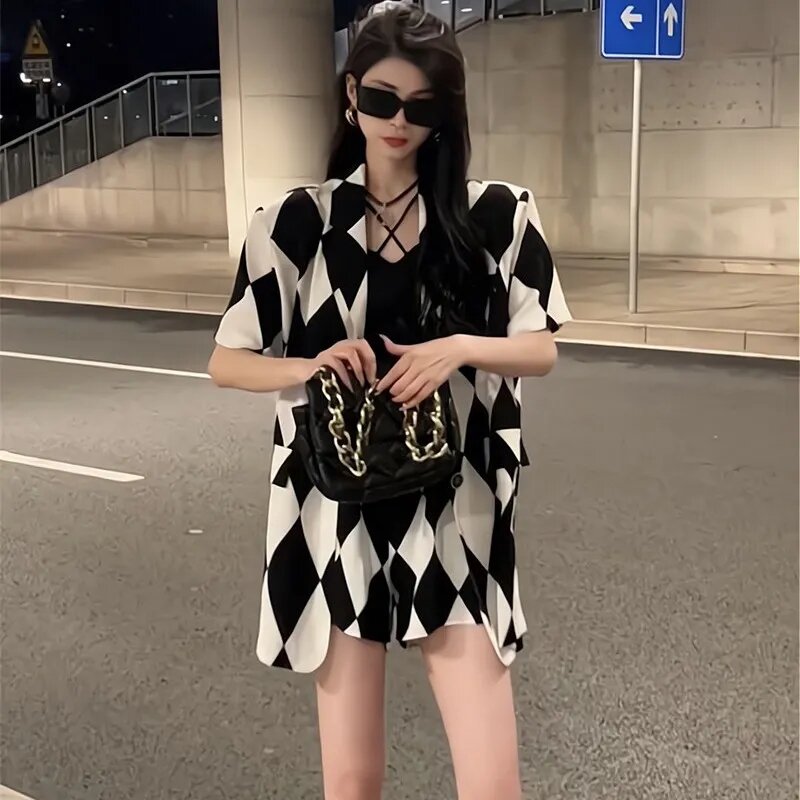 2024 Summer Thin Short Sleeve Blazers Pants Two Piece Set Women New Palid Shirts Trousers Outfits Casual Loose Coats Shorts Suit