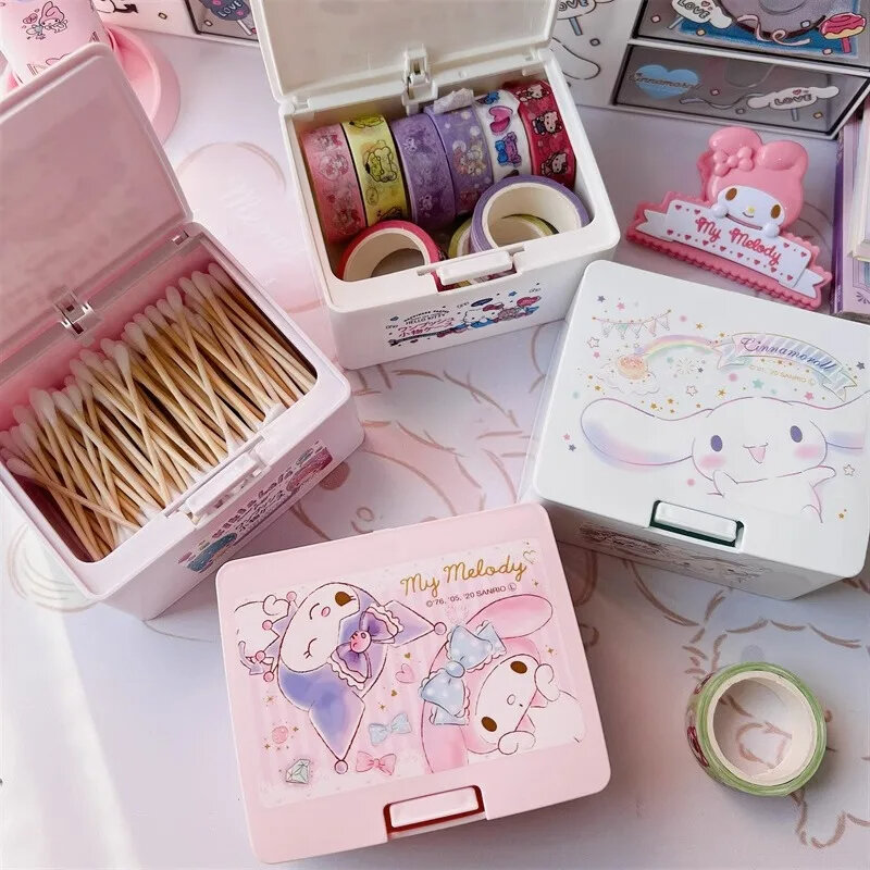 Hellokitty Sanrio Melody Kuromi One Push One Touch Open Type Lid Accessory Cosmetics Case Cotton Swab Box Press Pop Makeup Box