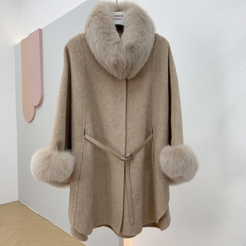 Abrigo de piel de zorro Real para mujer, capa de lana 100%, chaqueta cálida de Cachemira, cuello desmontable, abrigo grueso de lujo para mujer, Invierno