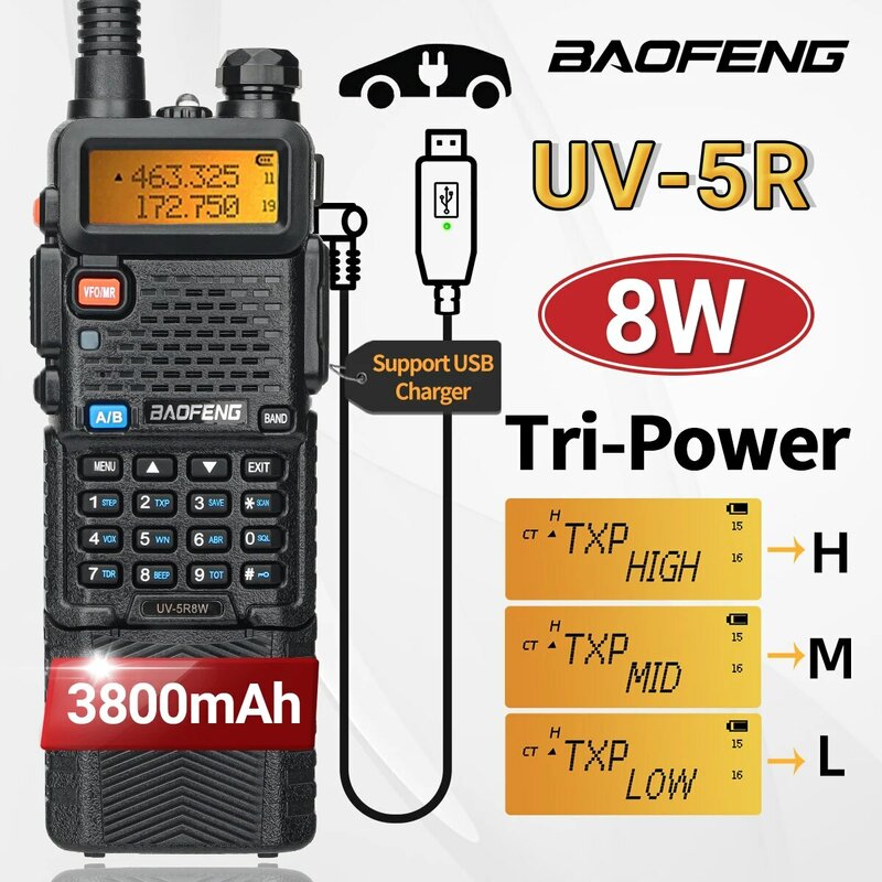 Baofeng UV 5R Walkie Talkie portátil, longo alcance, carregador USB, UHF, VHF, transceptor de banda dupla, radioamador para UV K5, 8W, 3800mAh