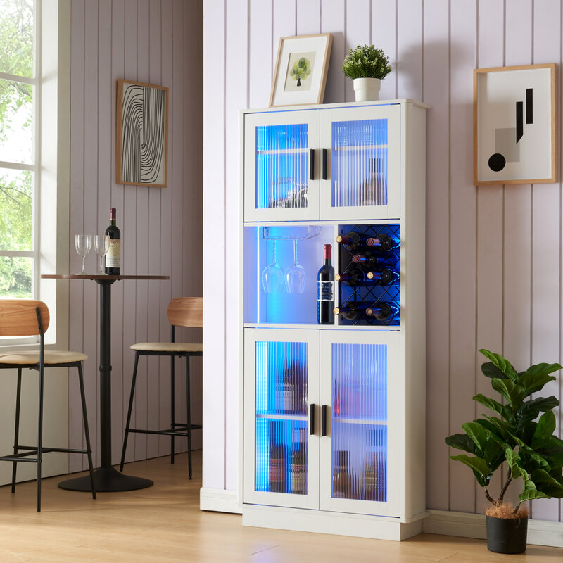 Wine Cabinet Wine Bar Cabinet With LED Lights Storage Shelf Glass Door Freestanding Bar Cabinet For Home Kitchen Dining Room