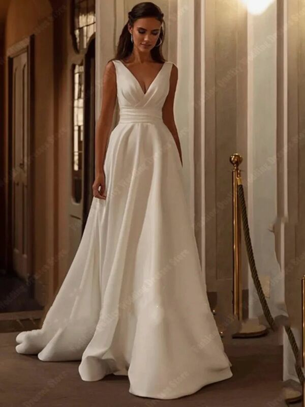 Gaun pernikahan Satin bersinar gaya sederhana punggung terbuka V dalam untuk pesta Formal 2024 baru tanpa lengan lantai mengepel Vestidos De Novia
