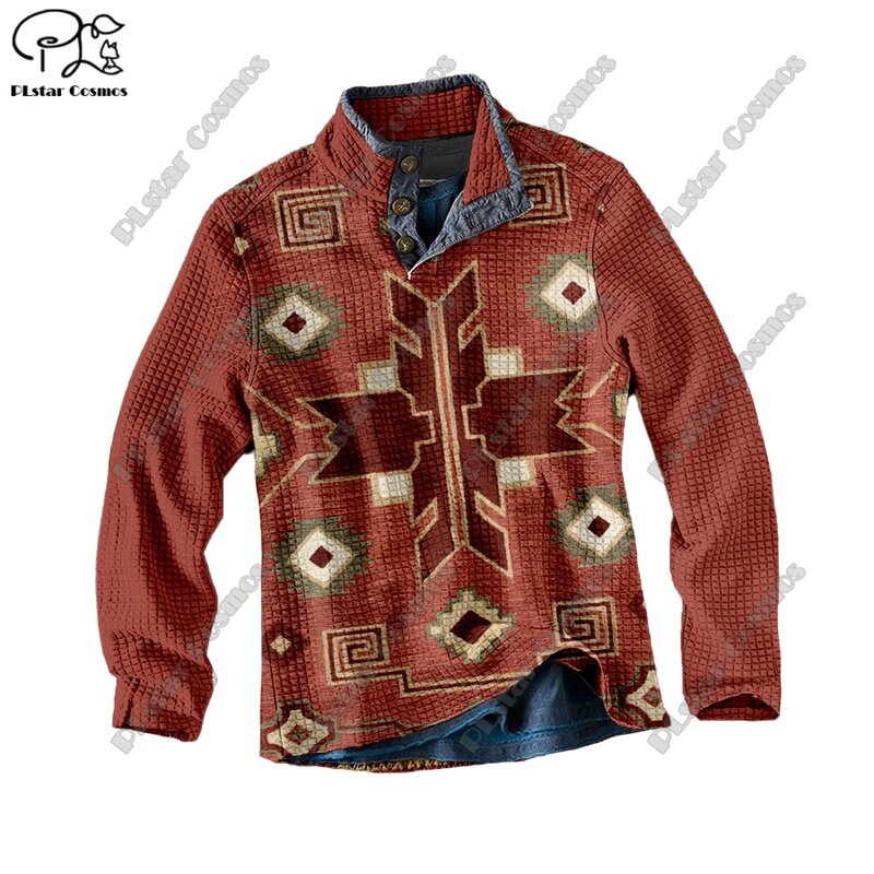 PLstar Cosmos nuova stampa 3D tribal retro pattern series warm stand collar maglione Polo street casual unisex winter Polo L-9