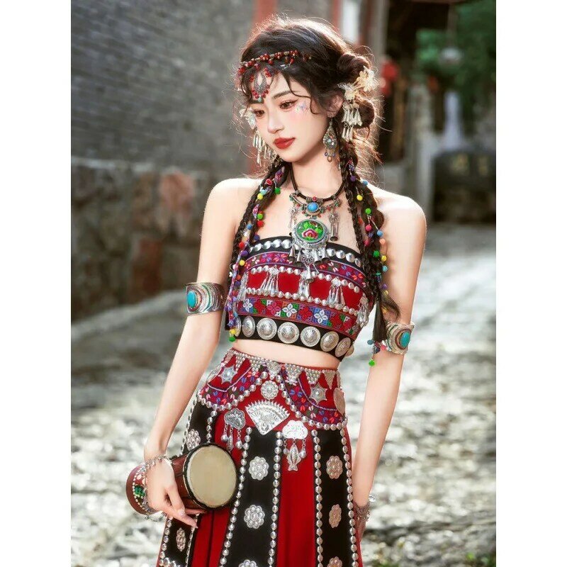 Miao Clothing Female Hani New Minority Costume Fresh And Refined Summer Chest Wipe Red Set Belly Dancing