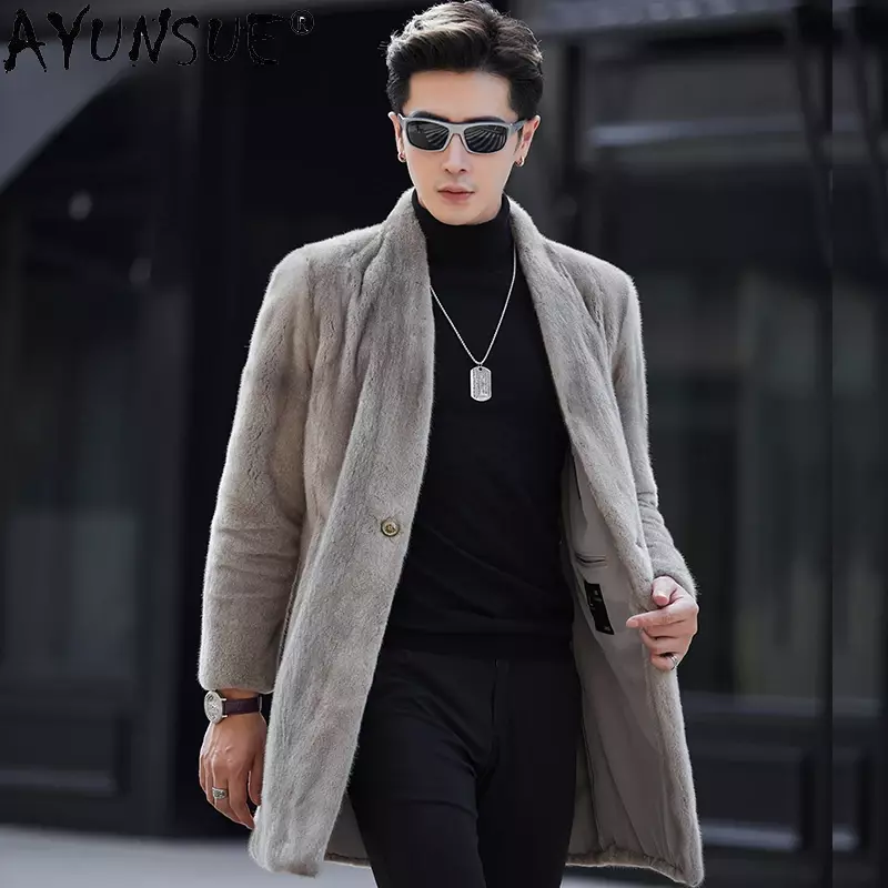 AYUNSUE-casaco de pele de vison real masculino, jaqueta natural com decote em v, roupas de comprimento médio, casacos high-end, jaquetas de inverno, 2023