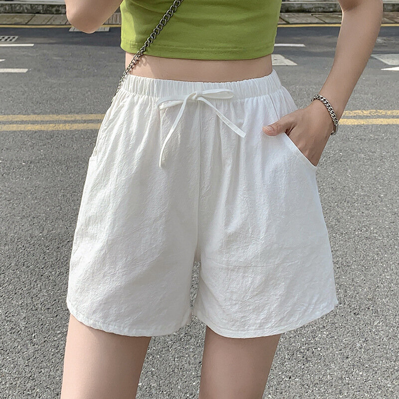 Odzież letnia 2024 Bawełniane szorty w jednolitym kolorze Damskie luźne, swobodne, szerokie nogawki, ponadgabarytowe bawełniane lniane krótkie spodnie