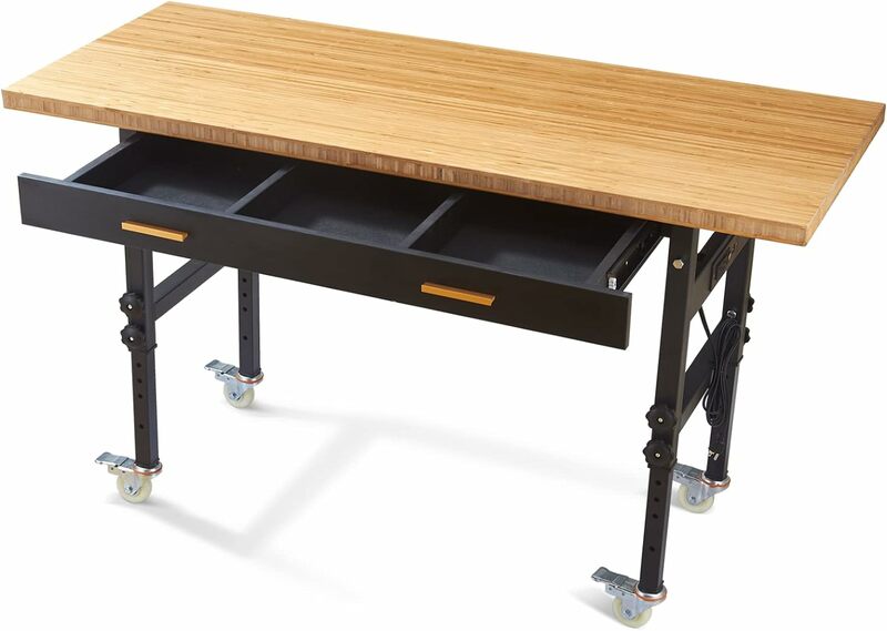 Meja kerja, meja kerja dengan laci, Stopkontak daya, roda, 59 × 23.6 "meja kerja tugas berat dapat disesuaikan untuk garasi, bengkel, rumah