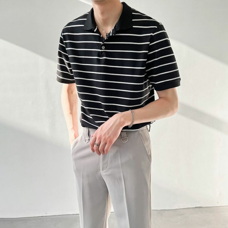 Рубашка-поло мужская с коротким рукавом, модная повседневная свободная футболка с лацканами, в Корейском стиле, в черно-белую полоску, на лето