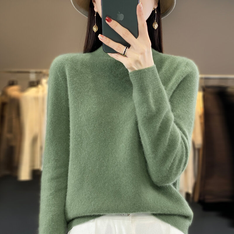 Suéter de punto de lana merina para mujer, jersey de manga larga con cuello redondo, Top de otoño e invierno, 2023, 100%