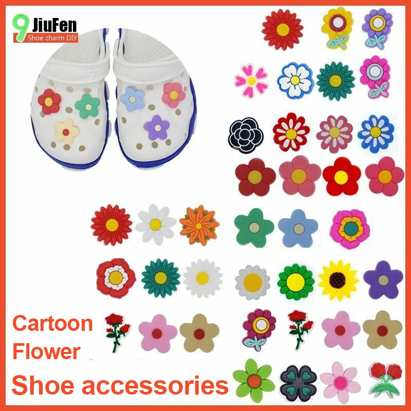 PVC Cartoon Shoe Charms com flores coloridas, decoração de sapatos, sandálias de madeira, acessórios bonitos, presentes de Natal Buckle
