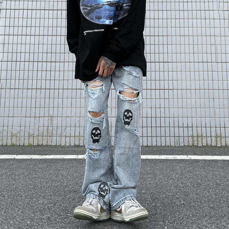 Y2k retro rasgado jeans 2022 nova alta rua hip-hop tendência masculina e feminina fritos rua solta micro-horn calças casuais