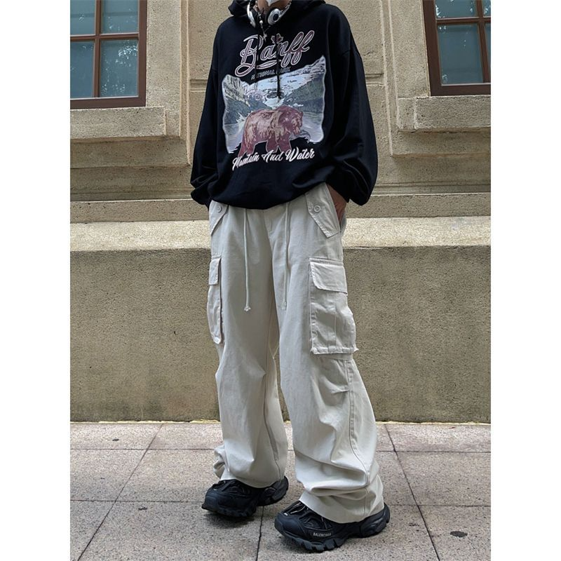 American retro street overalls boys fashion label lovers loose casual casual casual trend multi pocket straight casual pants