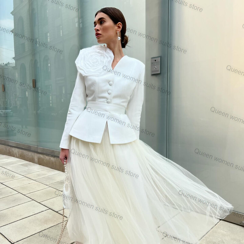 Designer Frauen Anzug Rock Set 2 Stück Blazer mit 3D Blume Tüll Ballkleid Hochzeit Smoking formelle Büro Dame Jacke maßge schneidert