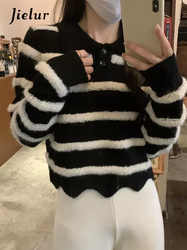 Jielur 한국 폴로 넥 줄무늬 여성 풀오버, 캐주얼 루즈 패션 풀오버, 간단한 기본 스트리트 스웨터, 가을