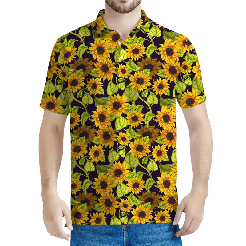 男性用のヒマワリのイメージポロシャツ,3D花柄のラペル,半袖,夏のストリートTシャツ,ボタンTシャツ,ファッション