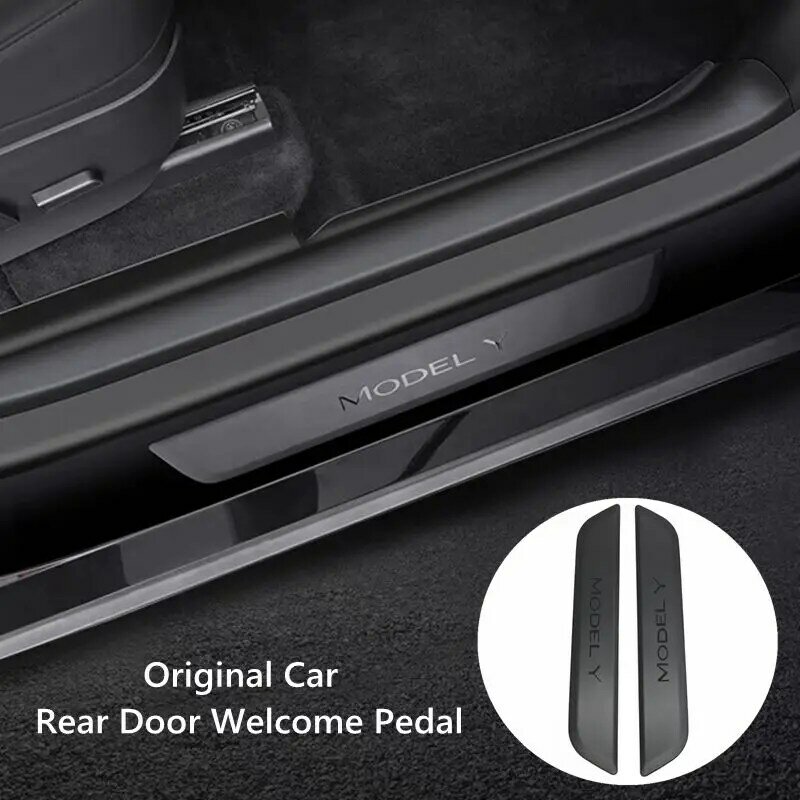 Protector de alféizar de puerta trasera de coche, pegatina decorativa para Tesla Model Y 2021 2022 2023 Original, tira de protección de Pedal de bienvenida