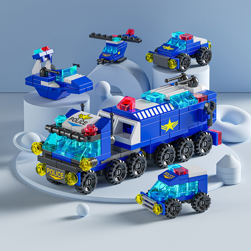 6in1 Bouwstenen Stad Brandweerwagen Politie Truck Engineering Kraan Helikopter Bakstenen Set Speelgoed Voor Kinderen Kinderen Kinderen