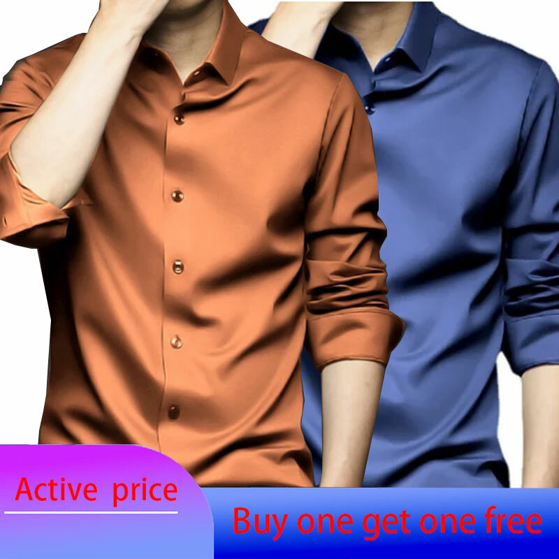 6XL Spring/Summer Formal Men's Fashion long-sleeved shirt Luxury wrinkle-proof non-ironed solid color business casual ice silk