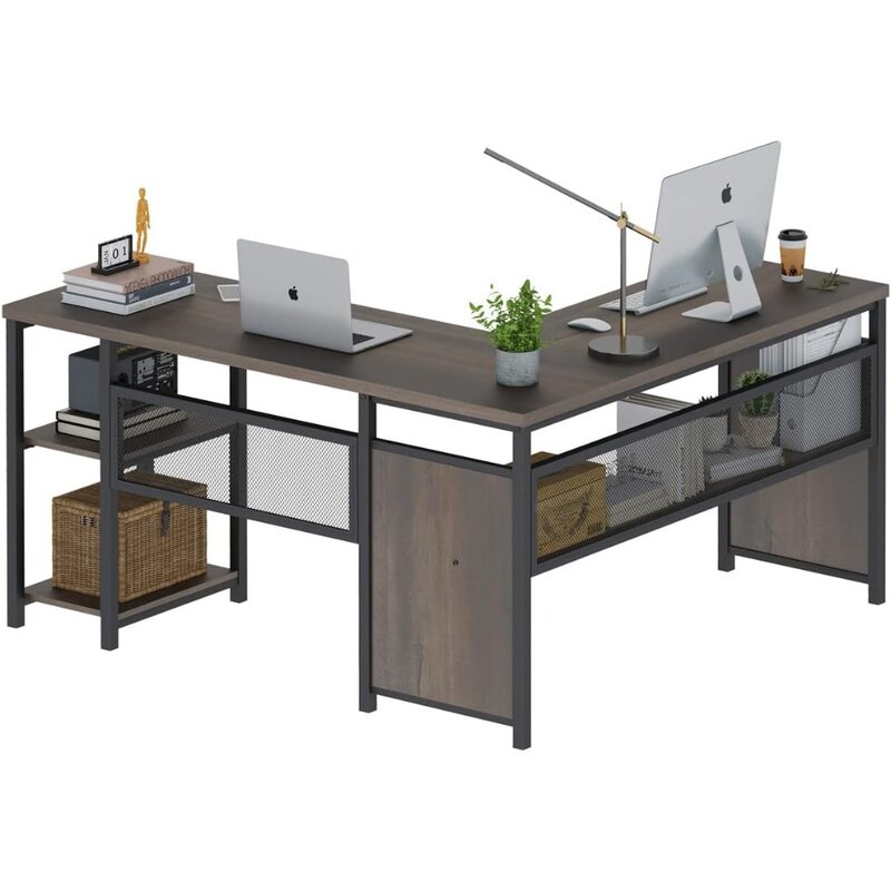 Biurko komputerowe w kształcie L, biurko do pracy w domu przemysłowe z półkami, odwracalne drewno i na narożnik biurka metalowe (brąz orzechowy, 59 Cal)
