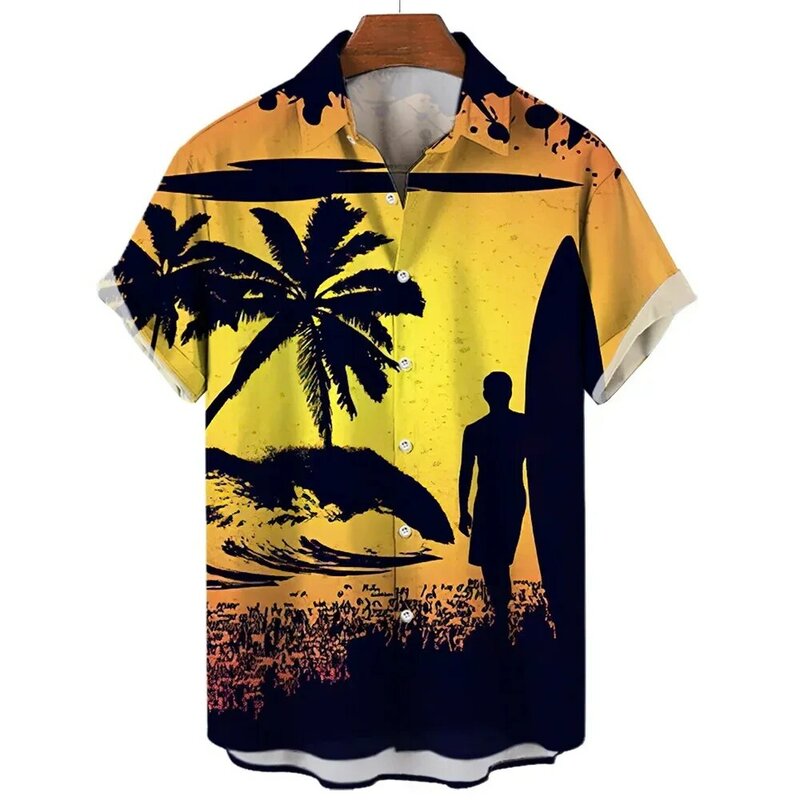 Kemeja motif 3d tepi pantai pria kemeja Hawaii Fashion pria kemeja pantai kasual lengan pendek pakaian pria kancing sebaris untuk anak laki-laki