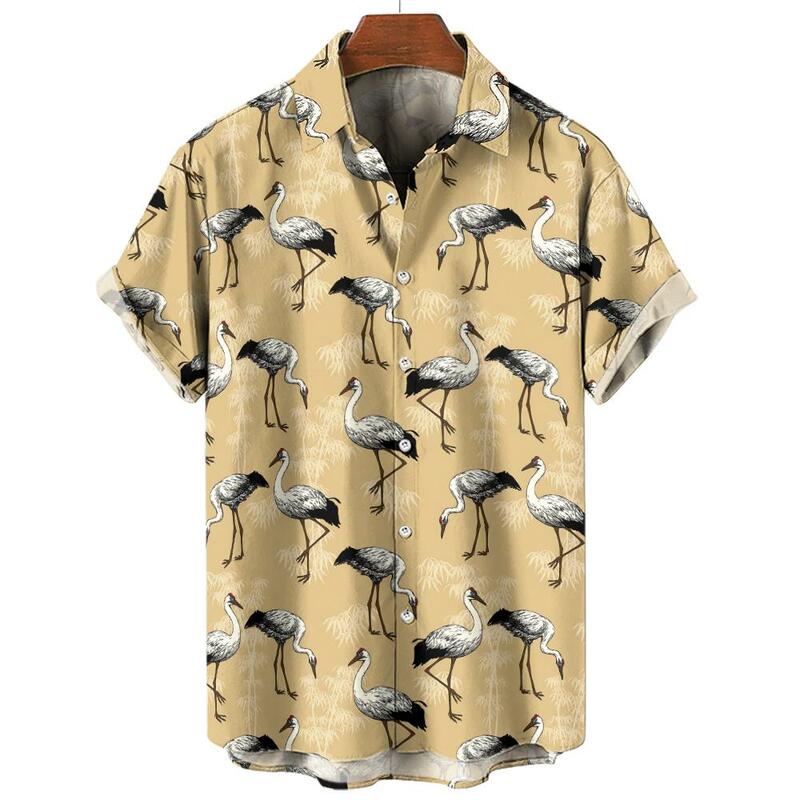 Moda koszula hawajska dla mężczyzn klapy na guziki koszule z krótkim rękawem lato odzież męska 3D zwierząt chiński żuraw bluza z nadrukiem