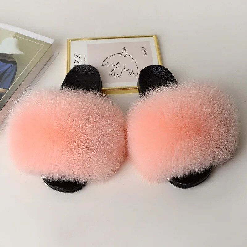 Summer Real Fox Fur Slides Women Fashion Fluffy Casual Flat House Slippers Outdoor Beach Sandals Flip Flops Ladies Shoes
