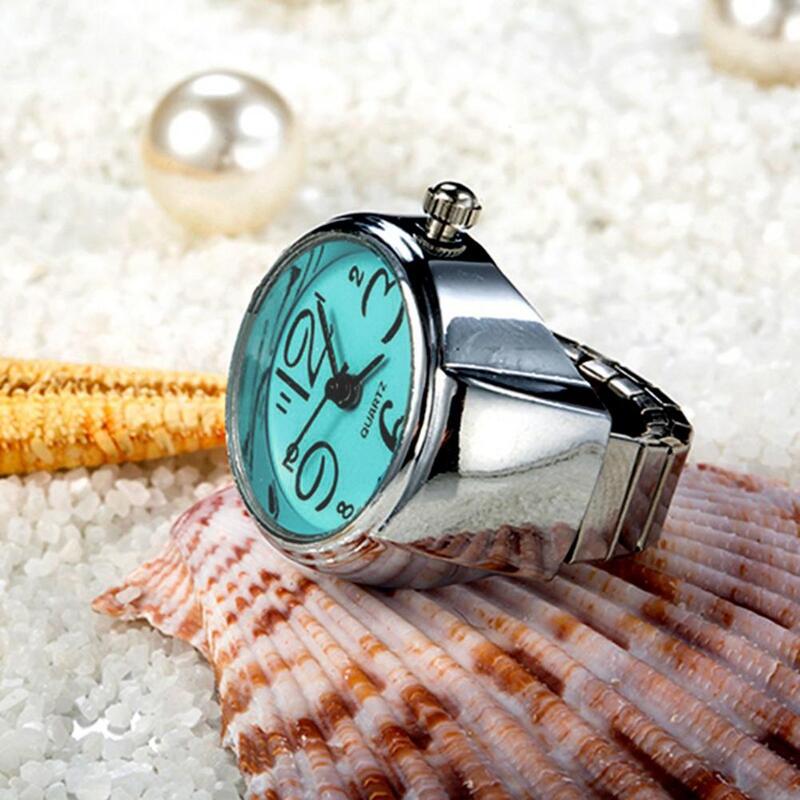 Jam tangan jari Analog Mini dapat diatur tali elastis gerakan kuarsa jam Perhiasan jam tangan jari Wanita Pria jam tangan cincin uniseks
