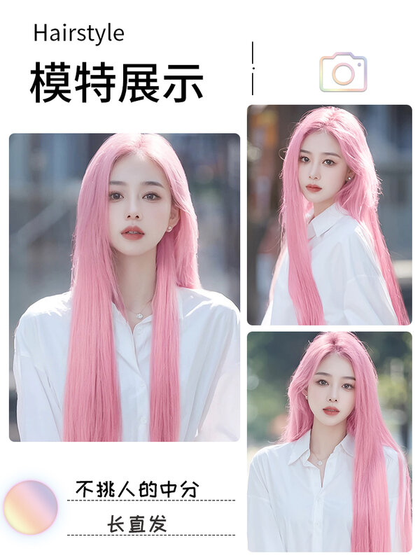 Wig rambut selebriti Internet gaya yang sama cahaya merah muda panjang menengah simulasi pemodelan Lolita alami lurus kepala penuh