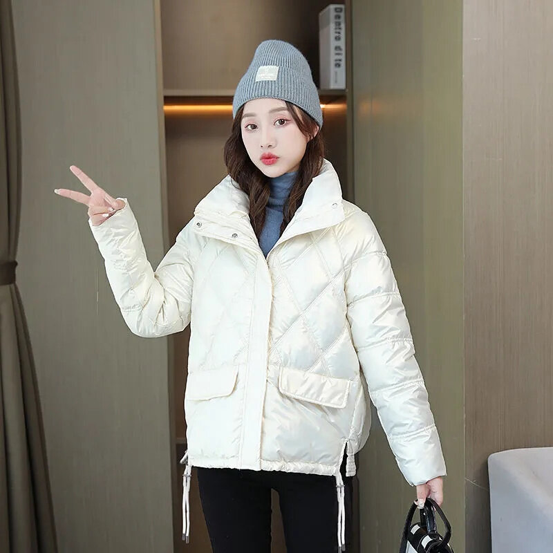Женское пуховое пальто из хлопка, Осень-зима 2023, новое хлопковое пальто с ярким воротником-стойкой, корейское издание, хлопковое пальто для хлеба