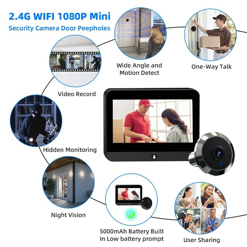 투야 스마트 2.4G 와이파이 미니 보안 카메라, 인간 감지, 마이크로파 레이더, 디지털 문짝 뷰어, 가정용 무선 초인종, 1080P