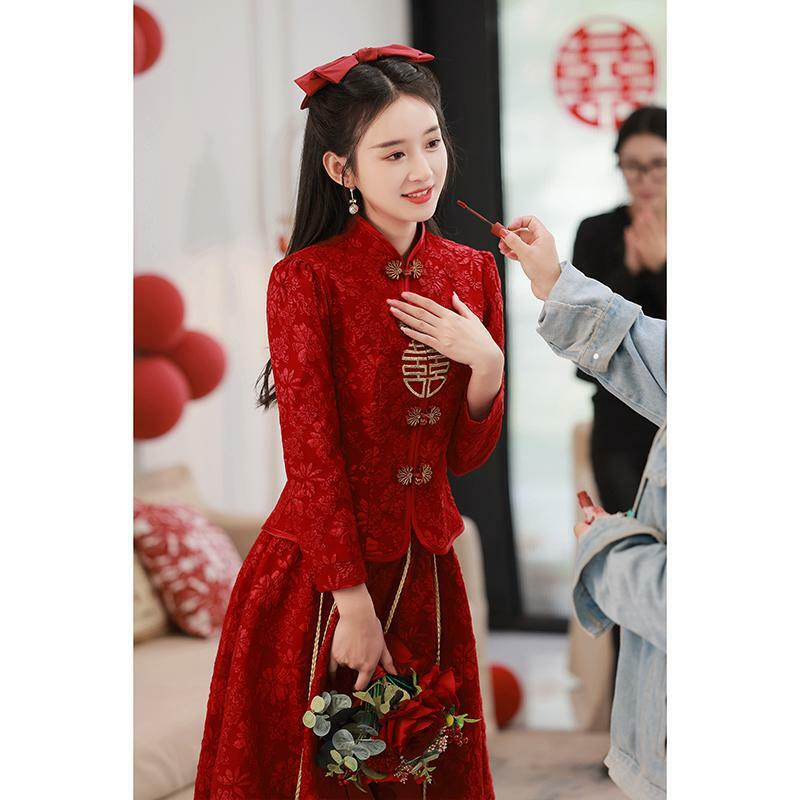 Cheongsam de manga larga para boda de novia, estilo Simple chino, rojo vino, Primavera, nuevo