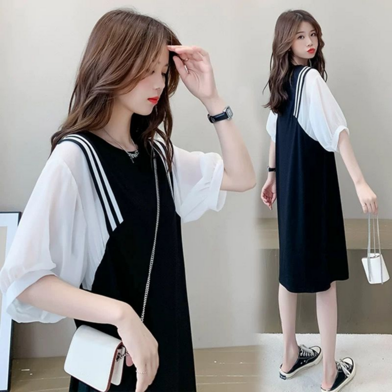 New Pregnant Women Clothes Set for Summer Short Sleeve Cotto Top Strap Chiffon Dress Twinset Loose Maternity Dress Suits