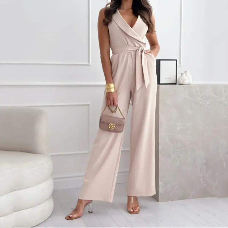 Casual Elegant Jumpsuits for Women Spring Summer Sexy V-Neck Sleeveless Lace-up Pockets Office Ladies Solid Color Jumpsuits