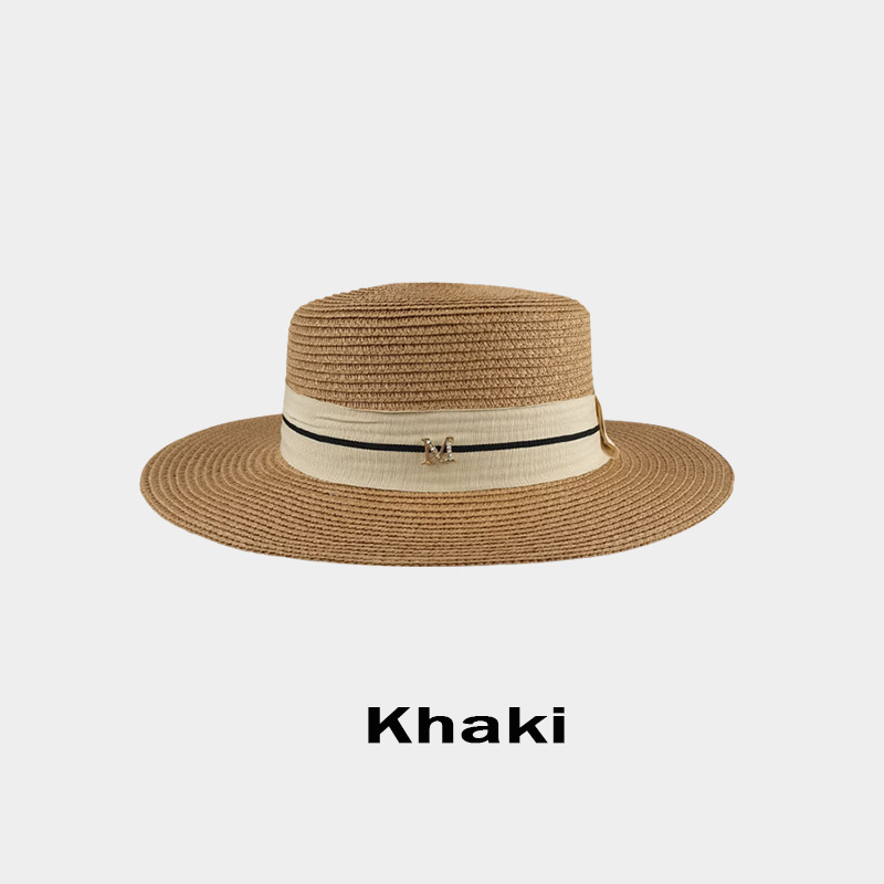 Chapeau de paille tissé avec marque M pour femme, rétro britannique, mode DN, plage, vacances, crème solaire, été