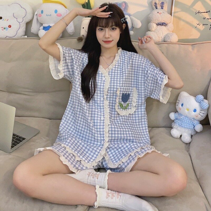 Plaid Pajama Sets Women Summer Sweet Students Floral Patchwork Ruffles Designed Korean Style Lovely Girls Casual Simple Soft